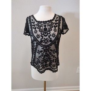 Xhilaration Lace Sheer Top Black Size Small S to Medium M Scalloped Sexy Shirt